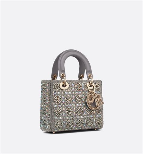 Borsa piccola Lady Dior Pelle di vitello liscia grigia e raso con 